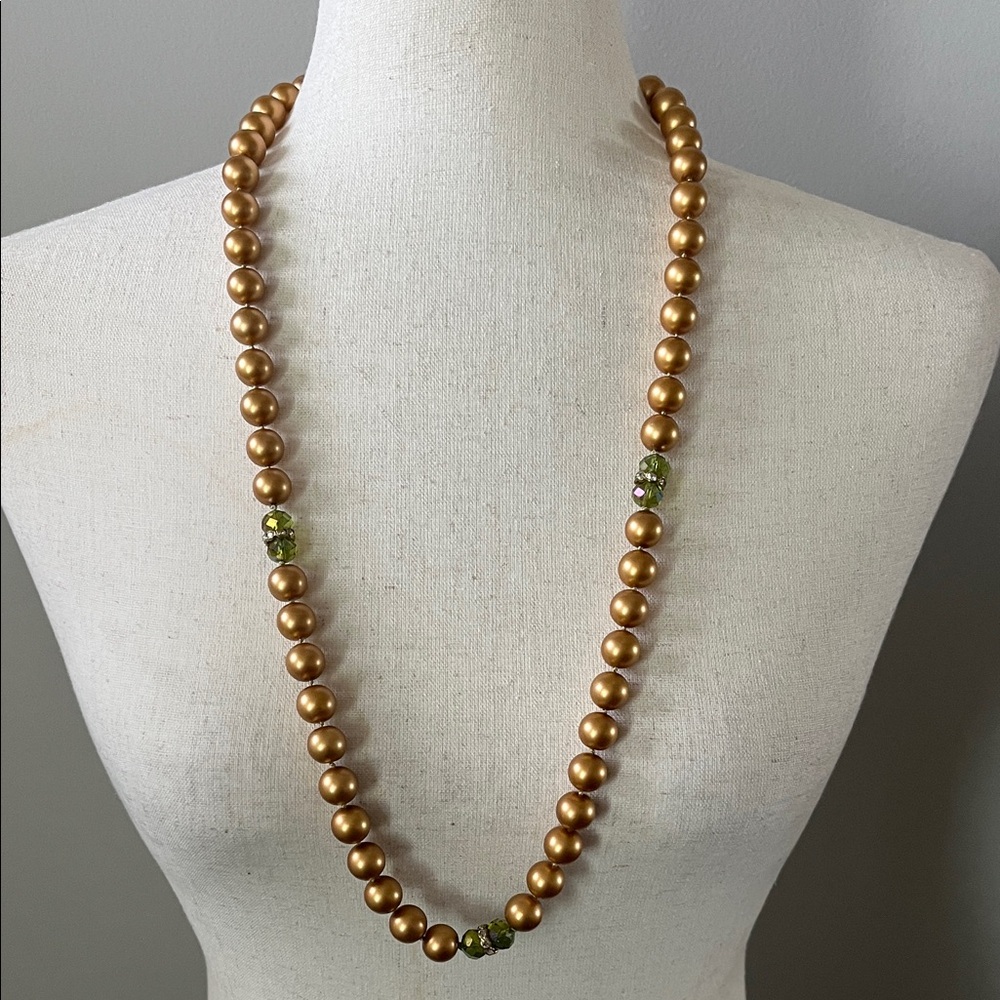 Coldwater Creek Gold Faux Pearl Beaded Necklace with‎ Green Crystal Beads